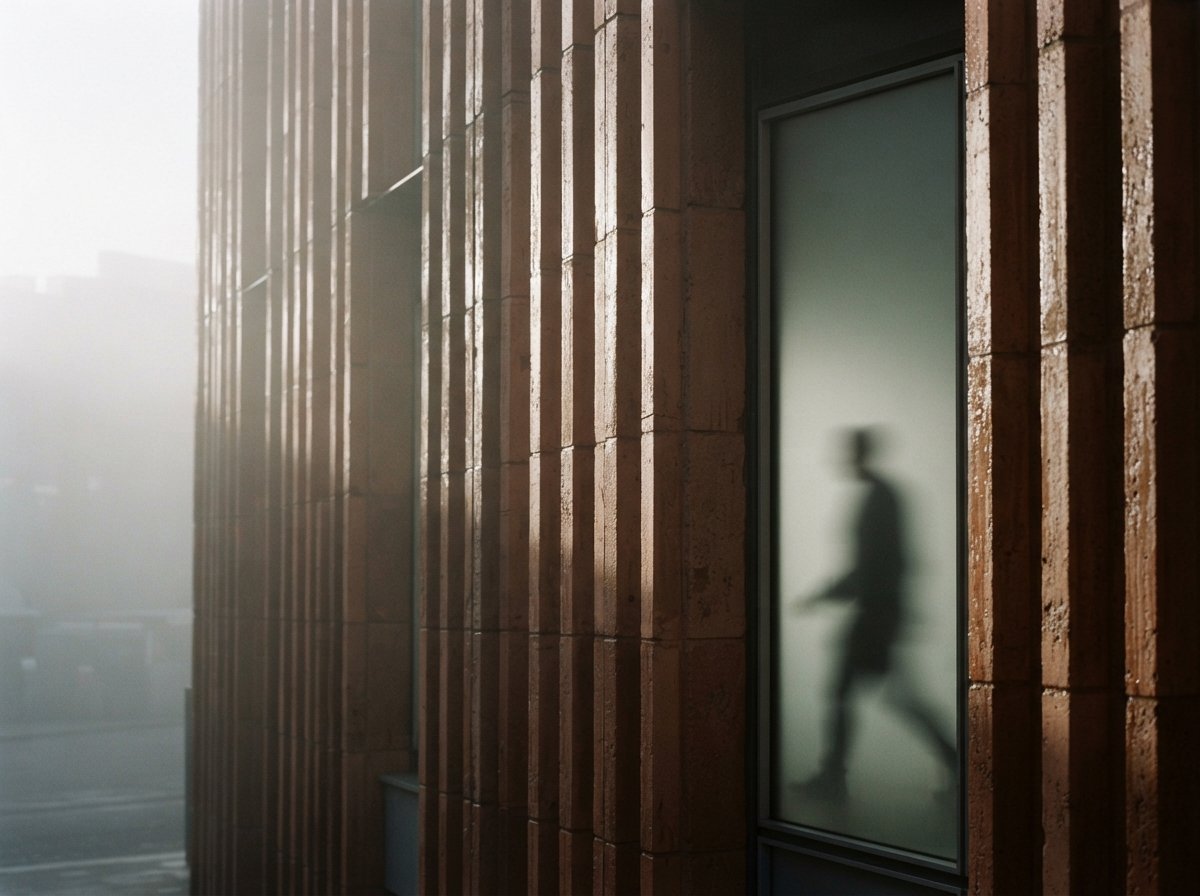 Close-up detail of fluted terracotta cladding and translucent glass bathed in foggy morning light.