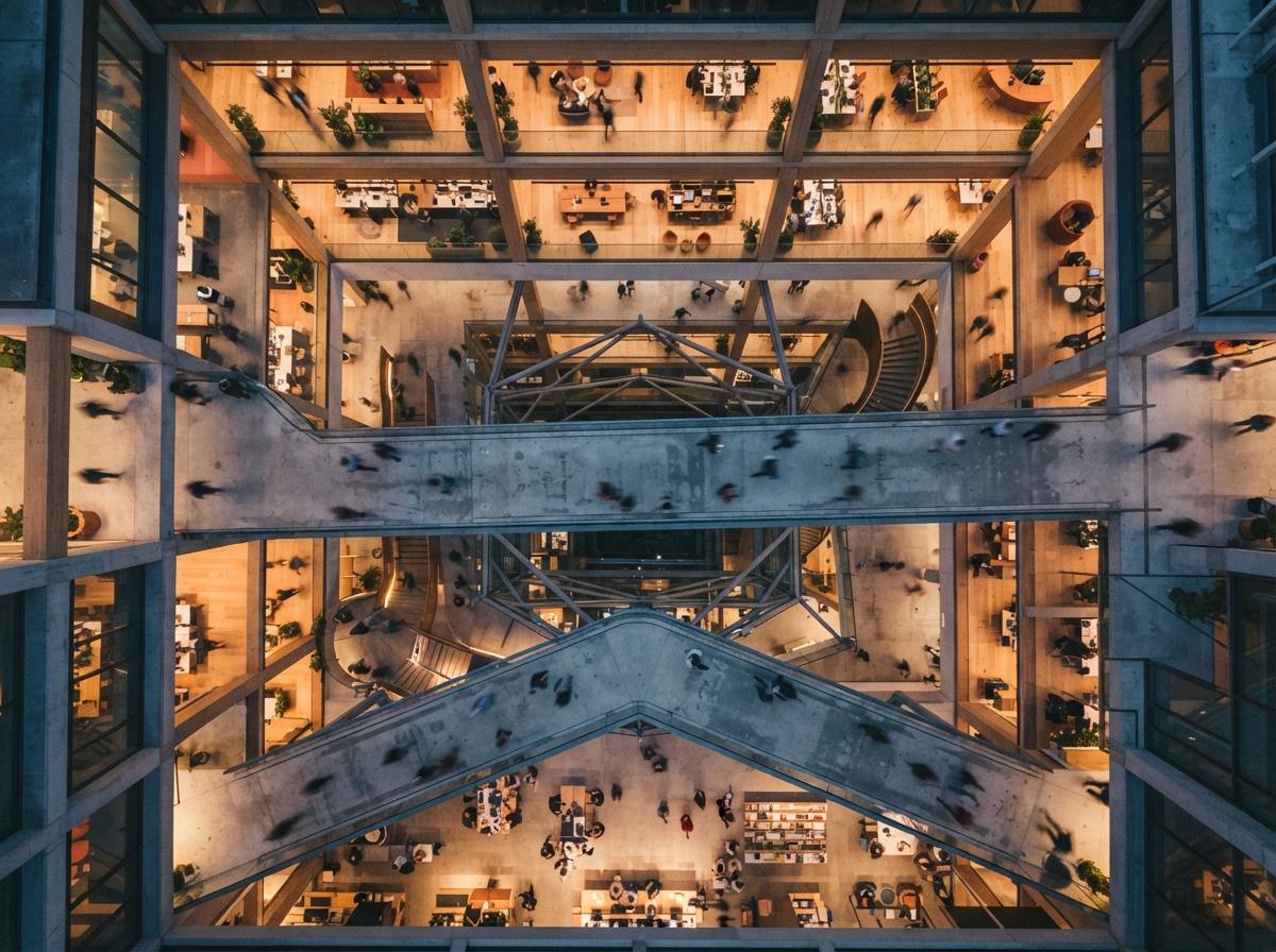 Top-down aerial drone photograph looking into an illuminated multi-level timber atrium at dusk.