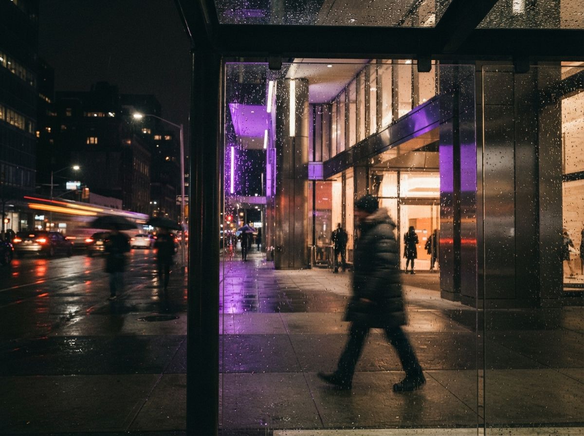 A street-level night photograph of a contemporary building facade illuminated by vibrant violet and amber artificial lights.