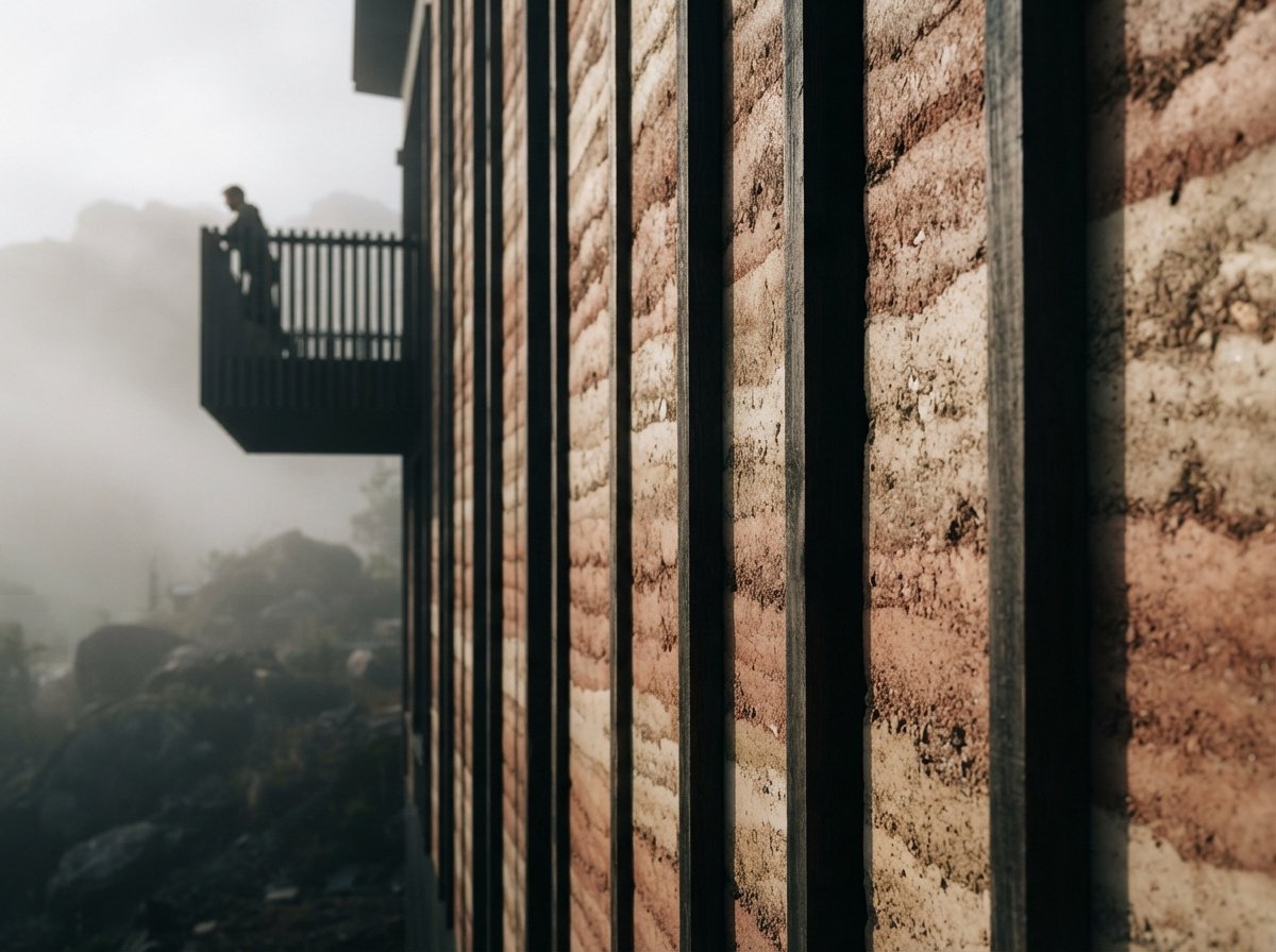 A close-up architectural photograph showing raking morning sunlight highlighting textures on a fluted wall facade in dense fog.