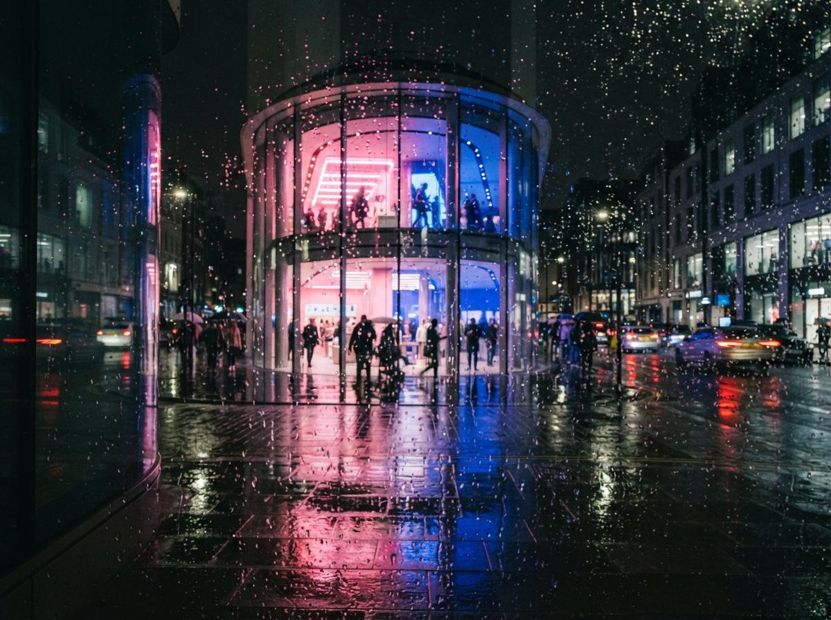 A glass retail store at night reflected on rain-soaked city pavement under vibrant pink and blue indoor lighting.
