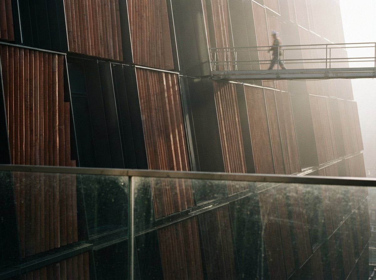 A close-up architectural macro shot displays raking morning light across textured terracotta wall panels.