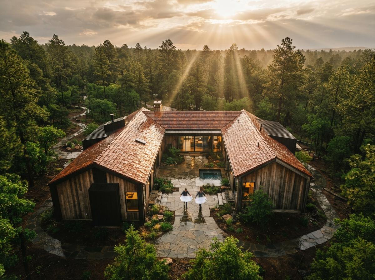 An aerial top-down photo captures a modern courtyard house nestled in a wet pine forest after a storm.