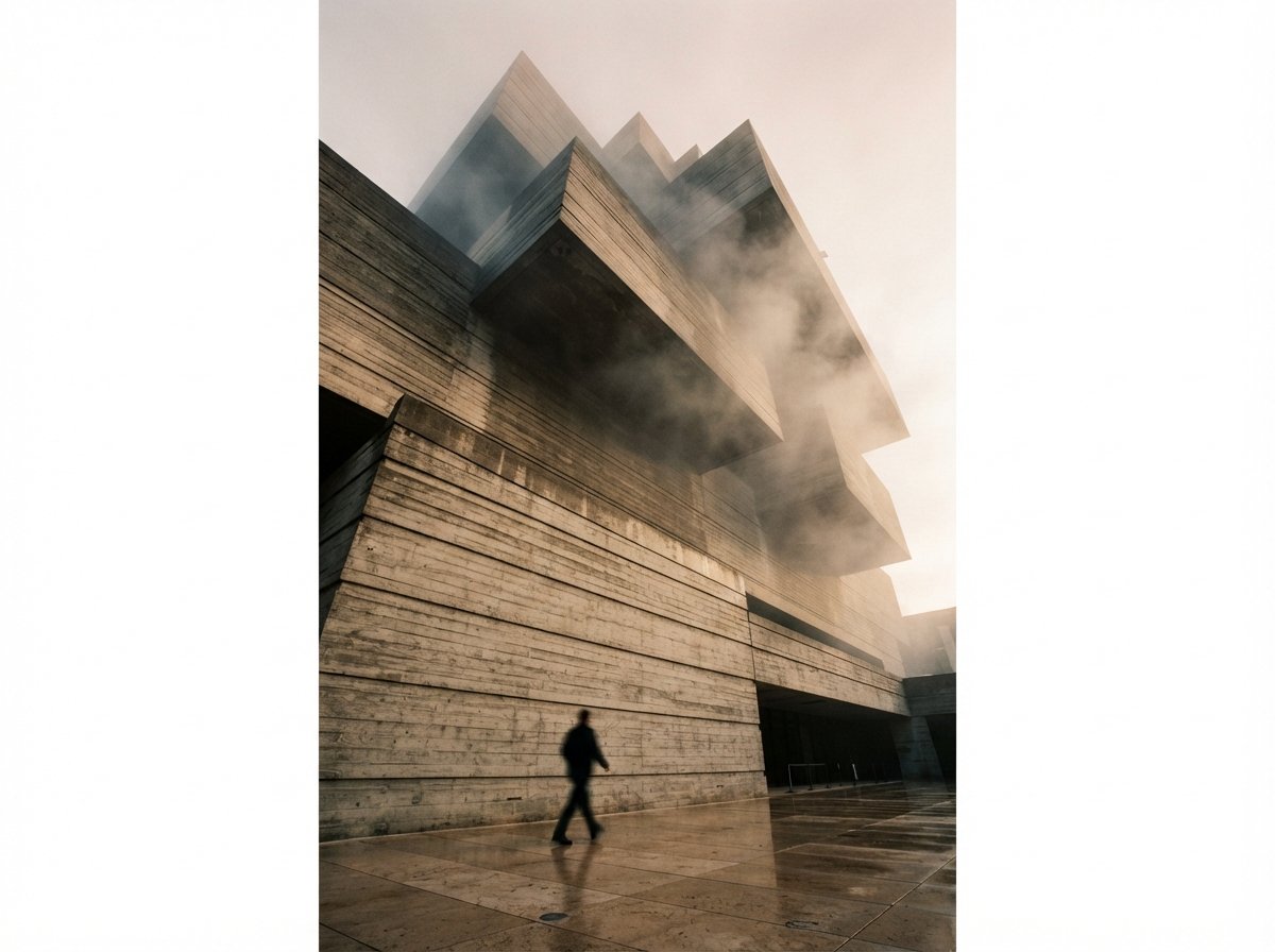 A low-angle view looking up a textured concrete building facade disappearing into thick morning fog as a silhouette walks past.