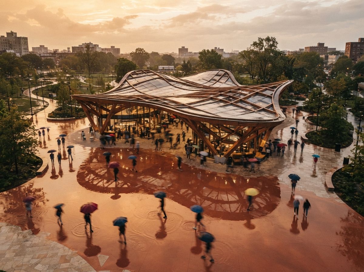 An overhead drone perspective shows a timber pavilion set within a plaza filled with rain puddles reflecting the sky.