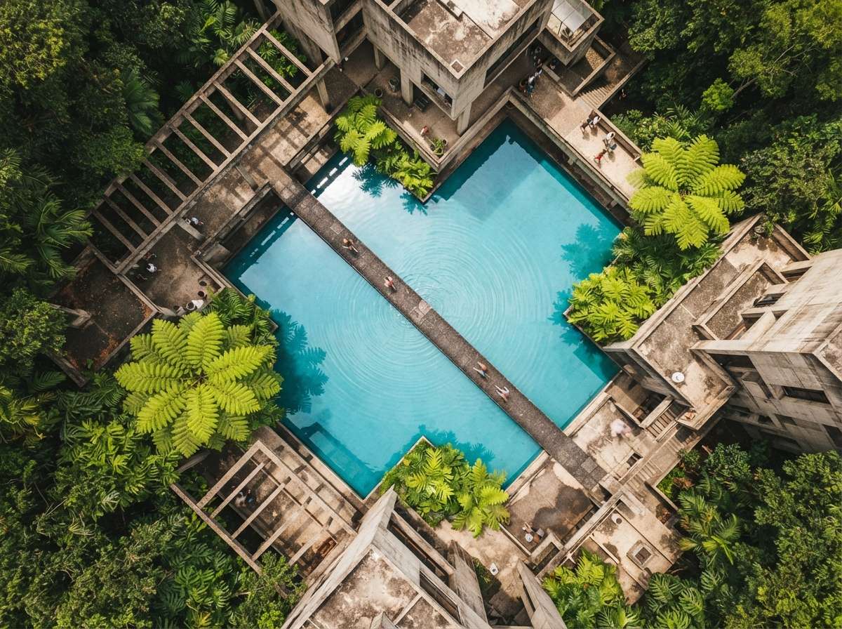 An overhead drone view of a geometric concrete courtyard with a reflective pool and tropical foliage.