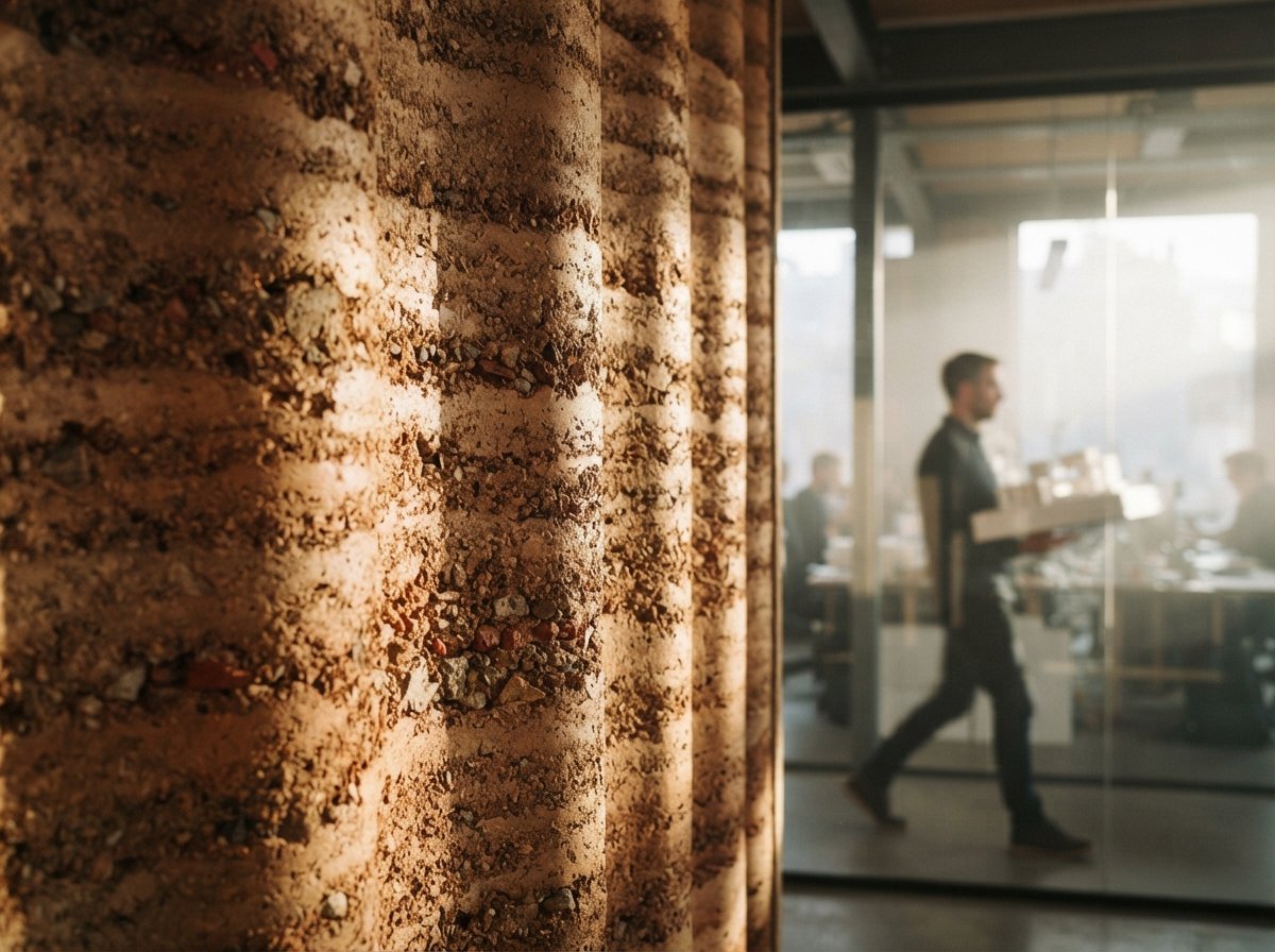 A close-up macro shot of a textured rammed-earth wall illuminated by sharp morning sunlight.