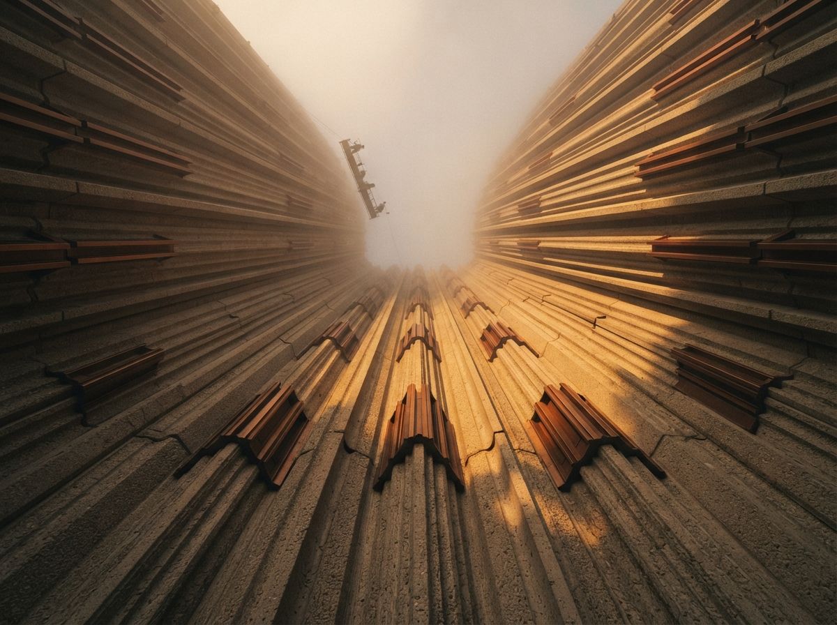 A low-angle macro photograph looking up along the textured concrete fins of a skyscraper enveloped in fog.