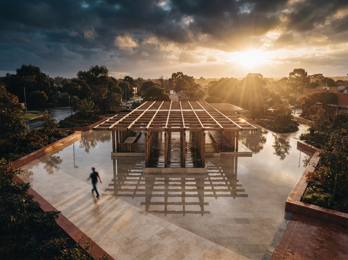 An overhead drone photograph of a modern timber pavilion surrounded by a flooded stone courtyard reflecting the golden sky.