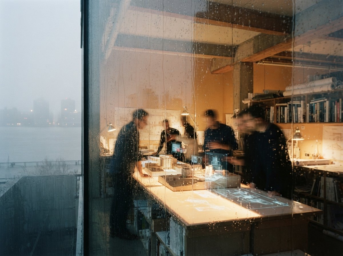 A view through a rain-covered window into an architectural studio at foggy dawn as team members examine design models.