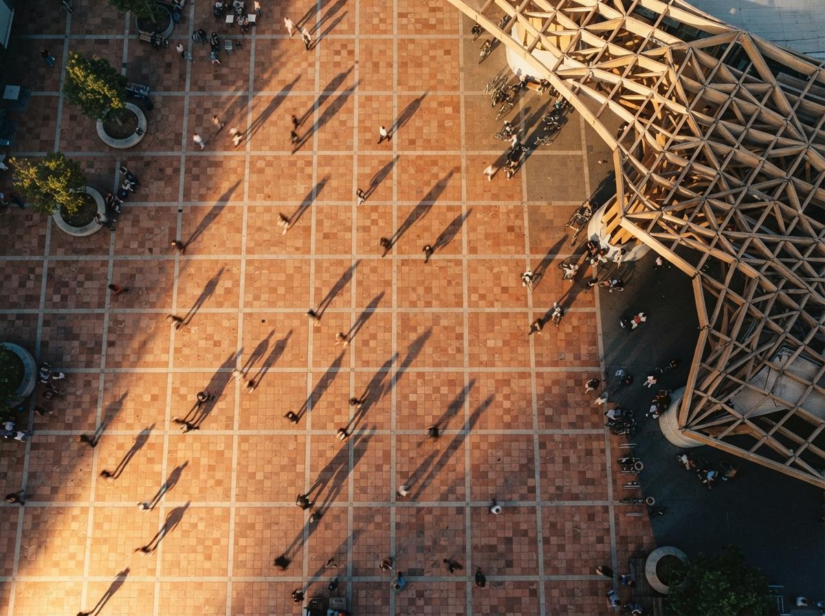 A top-down aerial photograph of a plaza with golden hour sunlight casting dramatic long shadows across geometric paving tiles.