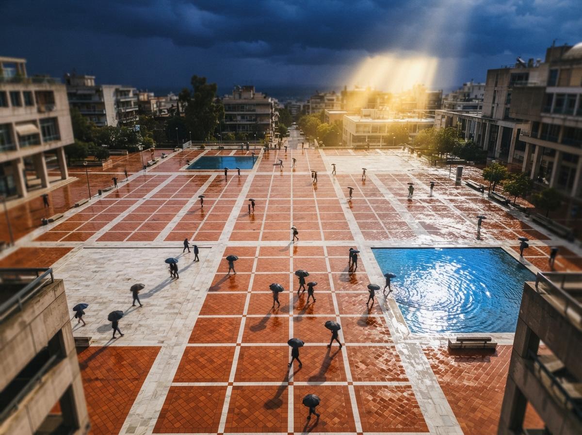 A top-down drone photograph of a wet terracotta public plaza reflecting sunlight after a storm.