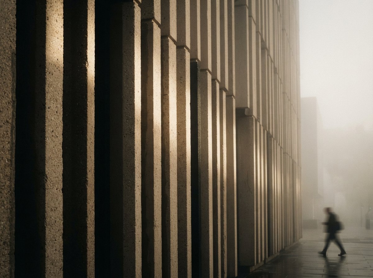 A macro photograph of ribbed concrete building fins catching sharp morning raking light in heavy dawn fog.