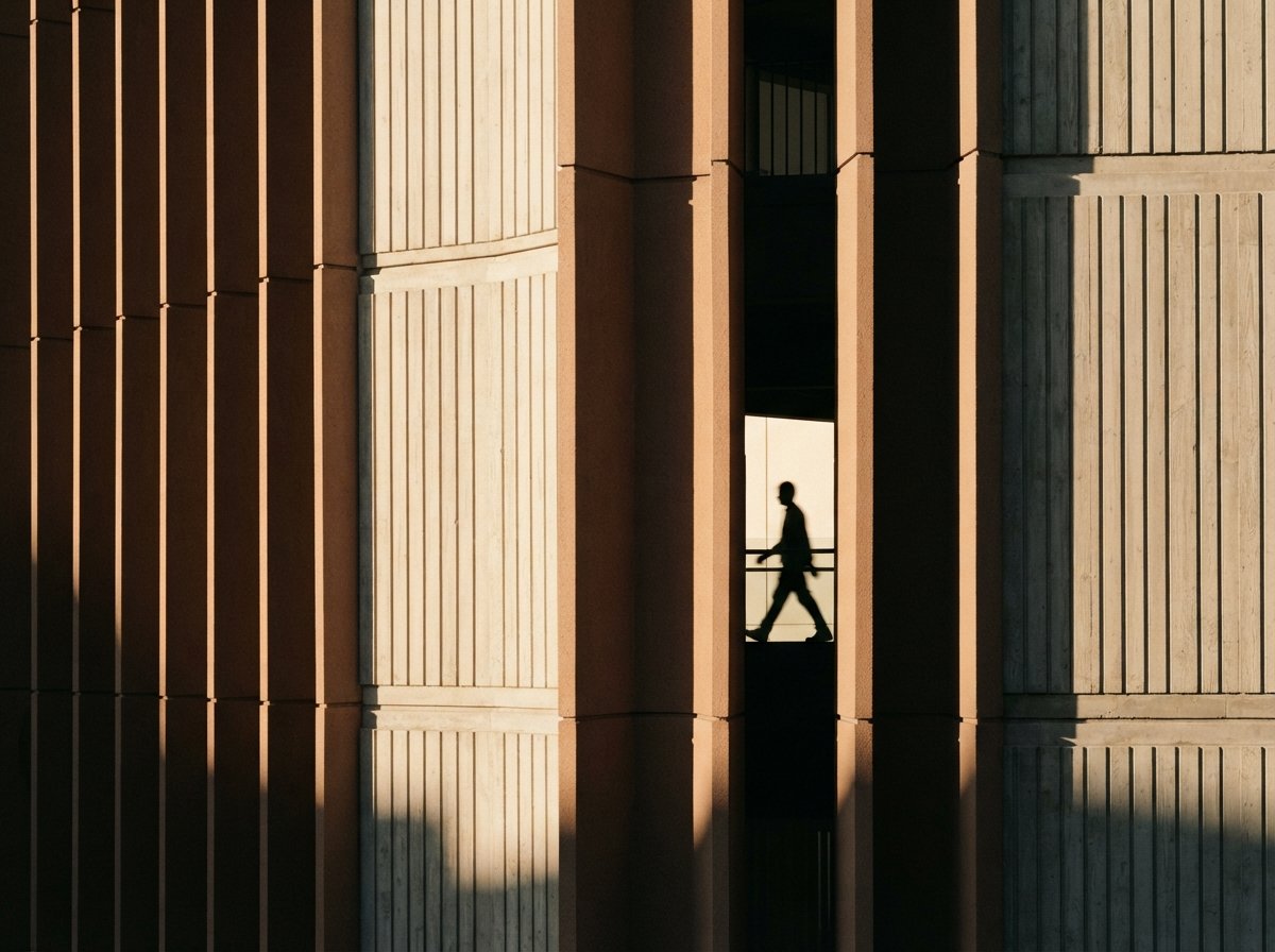 A close-up architectural photograph of vertical terracotta fins casting deep shadows under low golden sunlight.