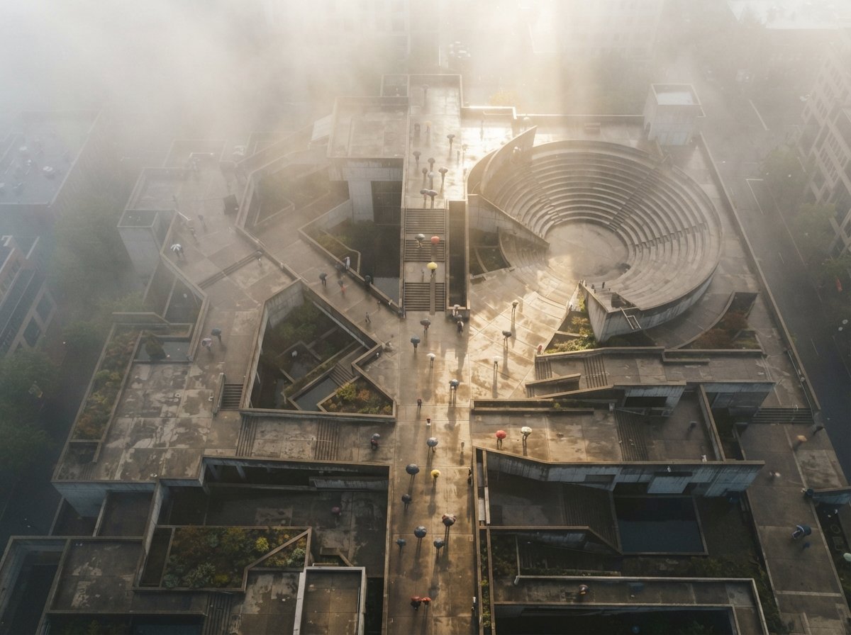A top-down aerial drone view of a concrete plaza appearing through dense dawn fog with sunbeams filtering down.