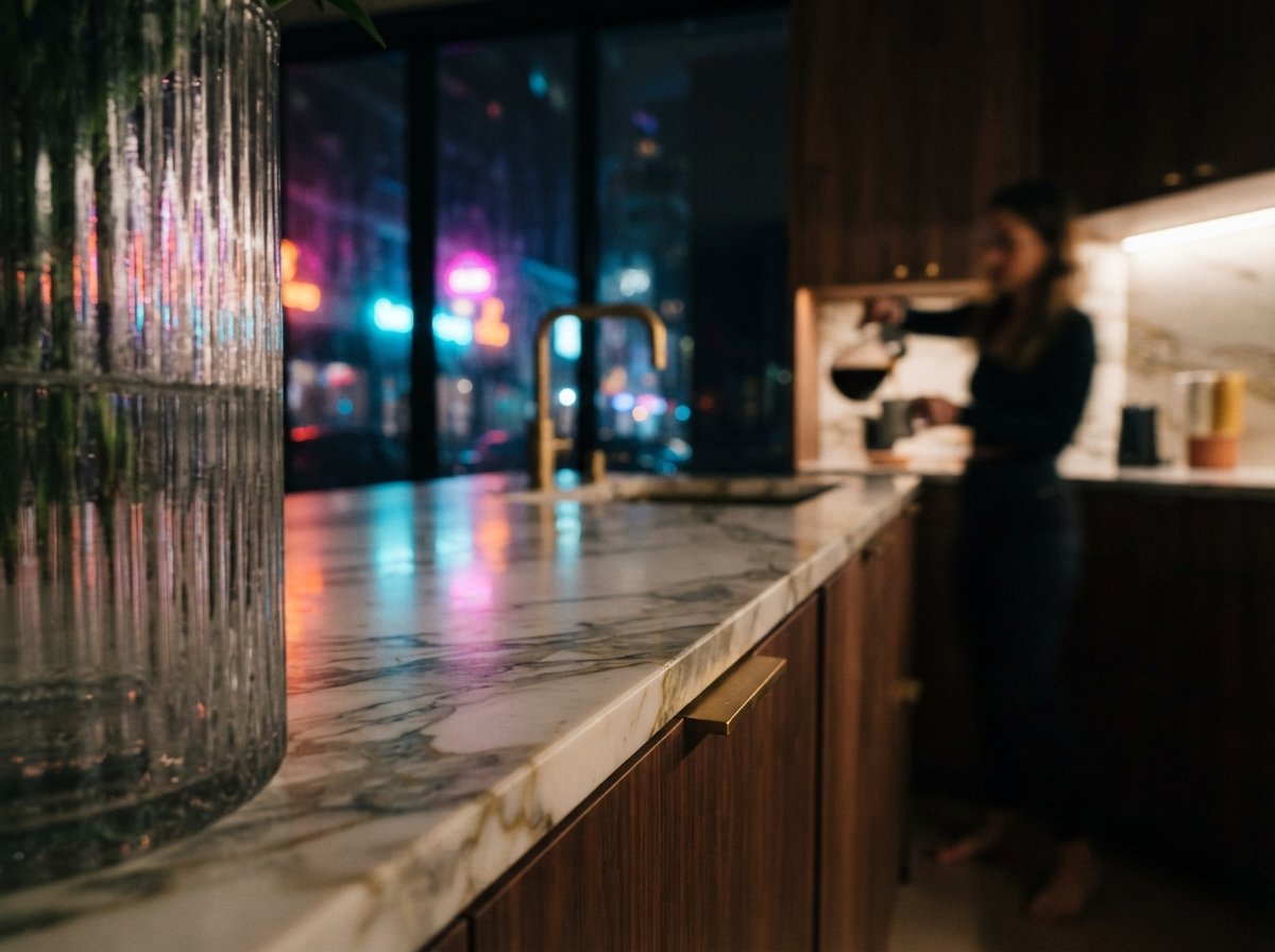 A close-up macro view of a dark walnut and marble kitchen island illuminated by raking light and ambient exterior neon spill.
