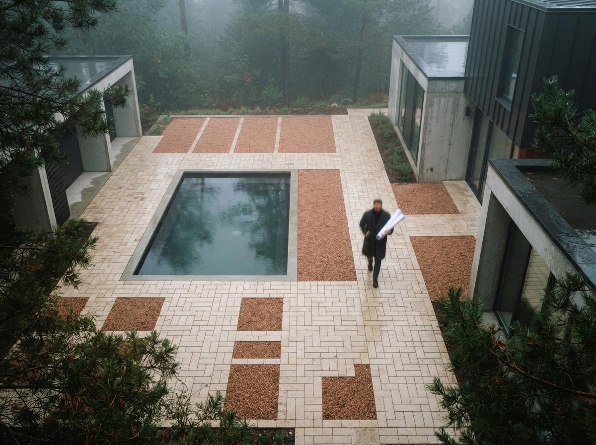 A top-down aerial drone view of a minimalist residential courtyard surrounded by wet concrete and slate pavers in dense morning fog.