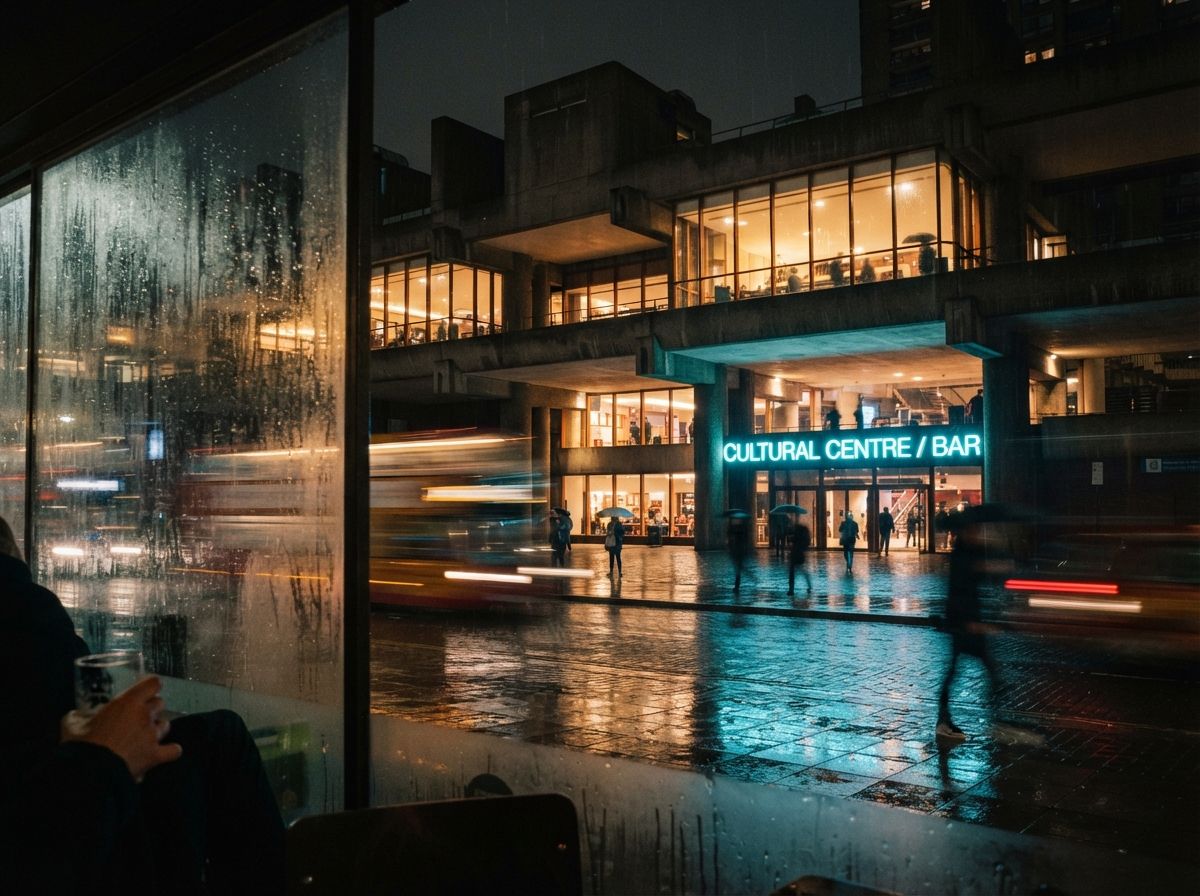 A night photograph of an illuminated concrete building seen through a wet glass foreground.