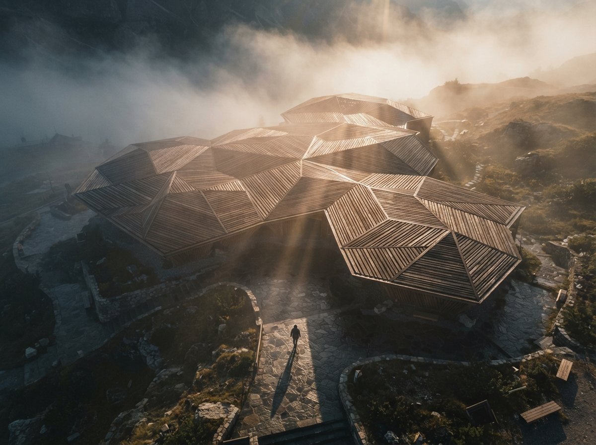 A top-down drone photograph of a slatted timber building emerging from morning fog.