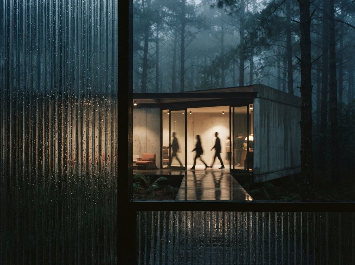 A foggy dawn photograph of a concrete glass pavilion framed through wet foreground glass.