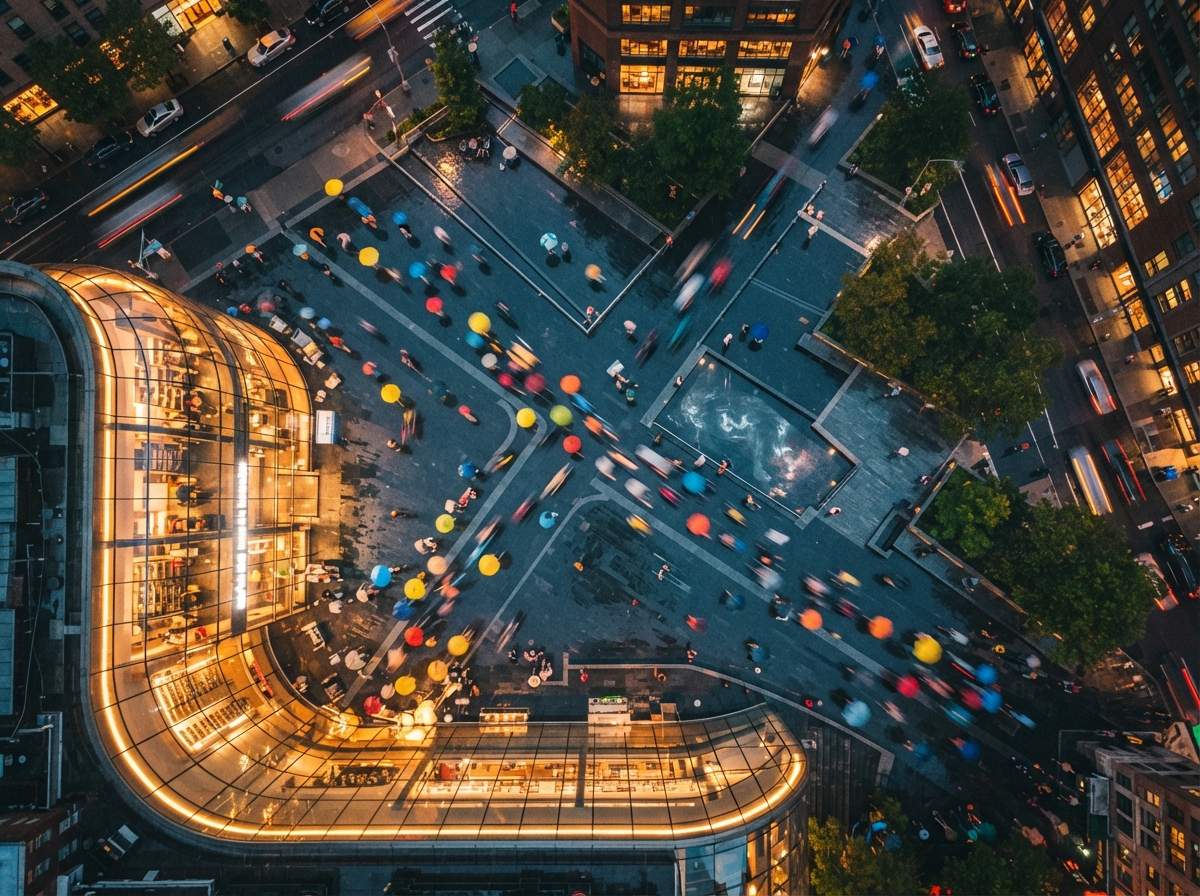 A top-down aerial photograph of a rain-soaked plaza glowing with vibrant neon lights at dusk.