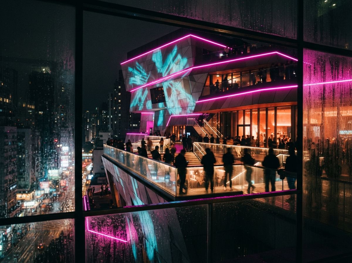 A night view of a modern rooftop terrace illuminated with magenta and cyan light through rain-streaked glass.