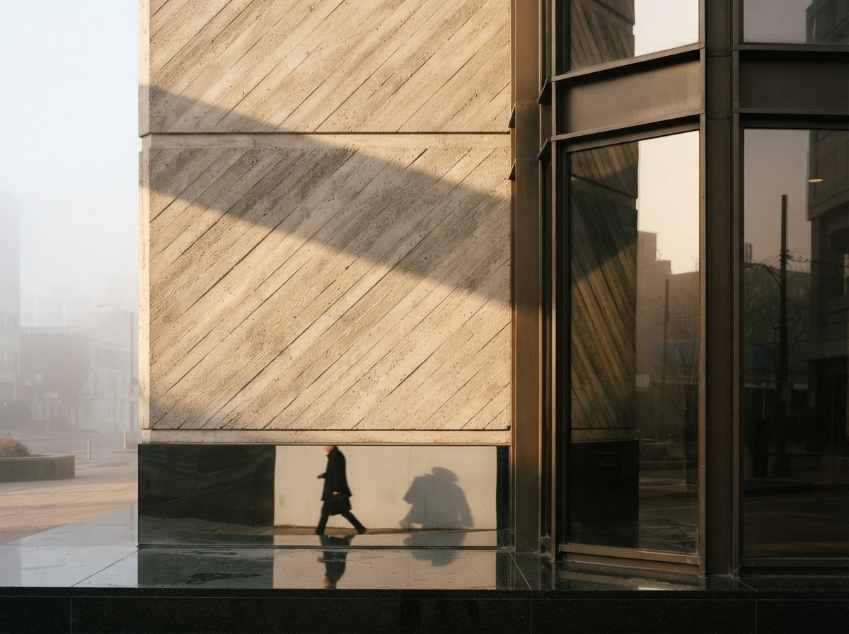 A close-up architectural shot of textured concrete and bronze glass catching morning raking light in dense fog.