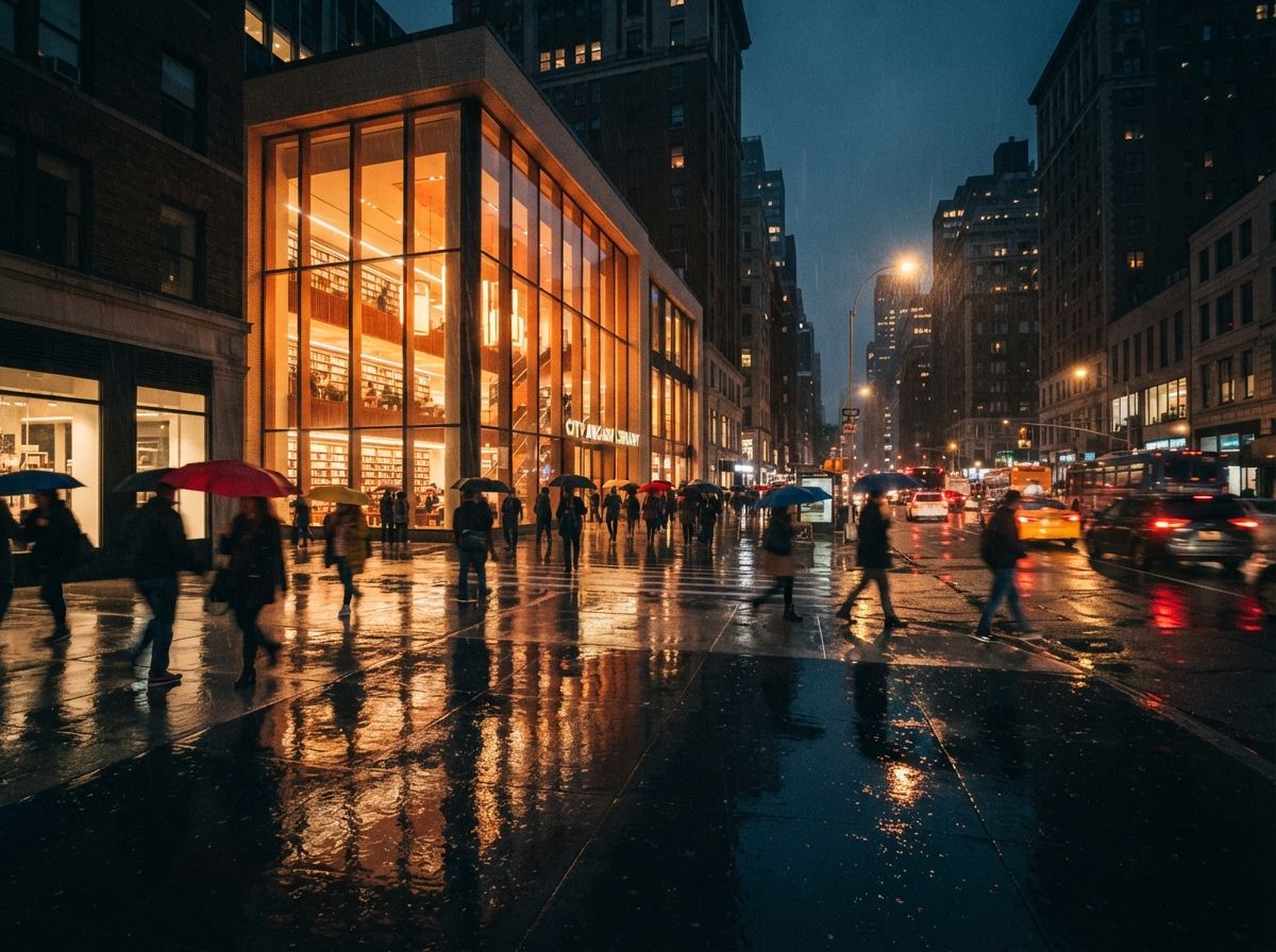 Pedestrians with umbrellas walk past an illuminated glass library on a rain-slicked street at dusk.
