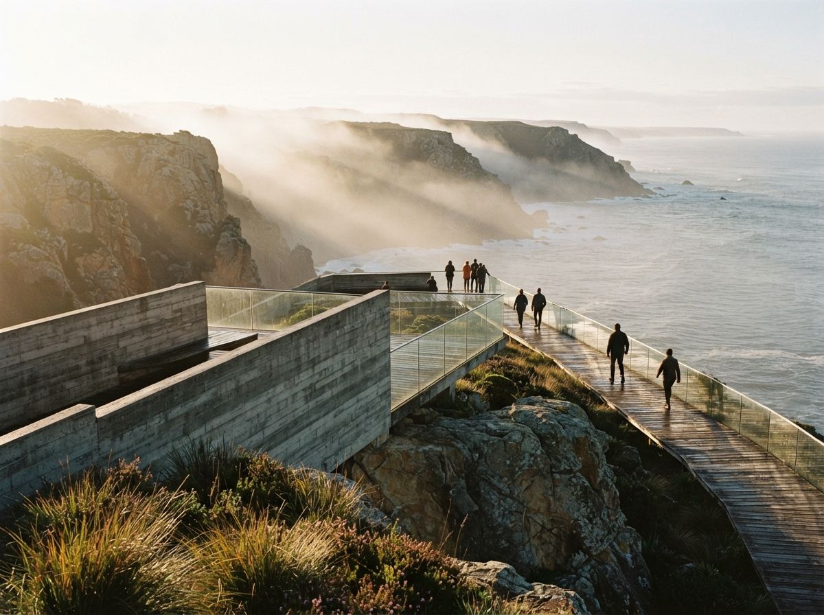 Visitors walk along a concrete coastal overlook enveloped in early morning mist.
