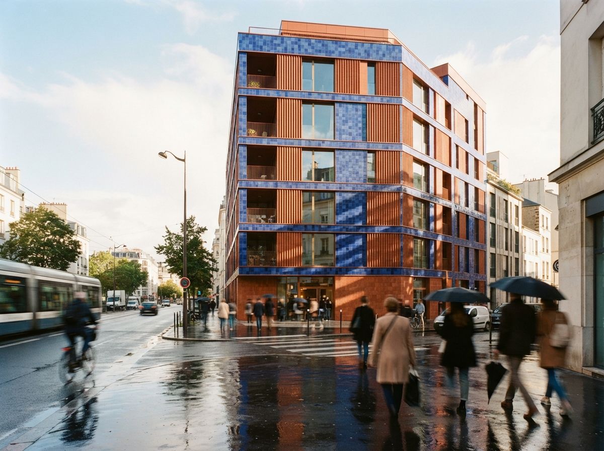 A modern building clad in glossy blue ceramic tiles stands over a wet city street.