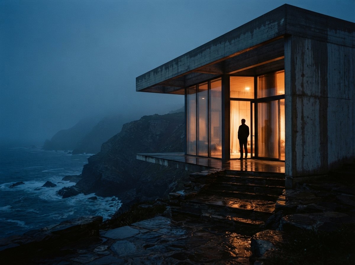 A concrete cliffside pavilion overlooks a foggy coastline as warm light glows from inside.