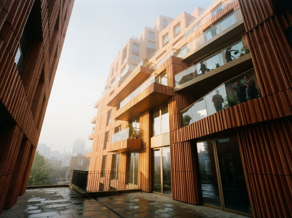 A worm's-eye view looking up at a terracotta facade reflecting morning light through clearing fog.