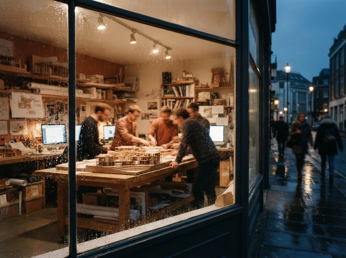 A view through a rain-streaked window into an illuminated architecture studio at dusk.