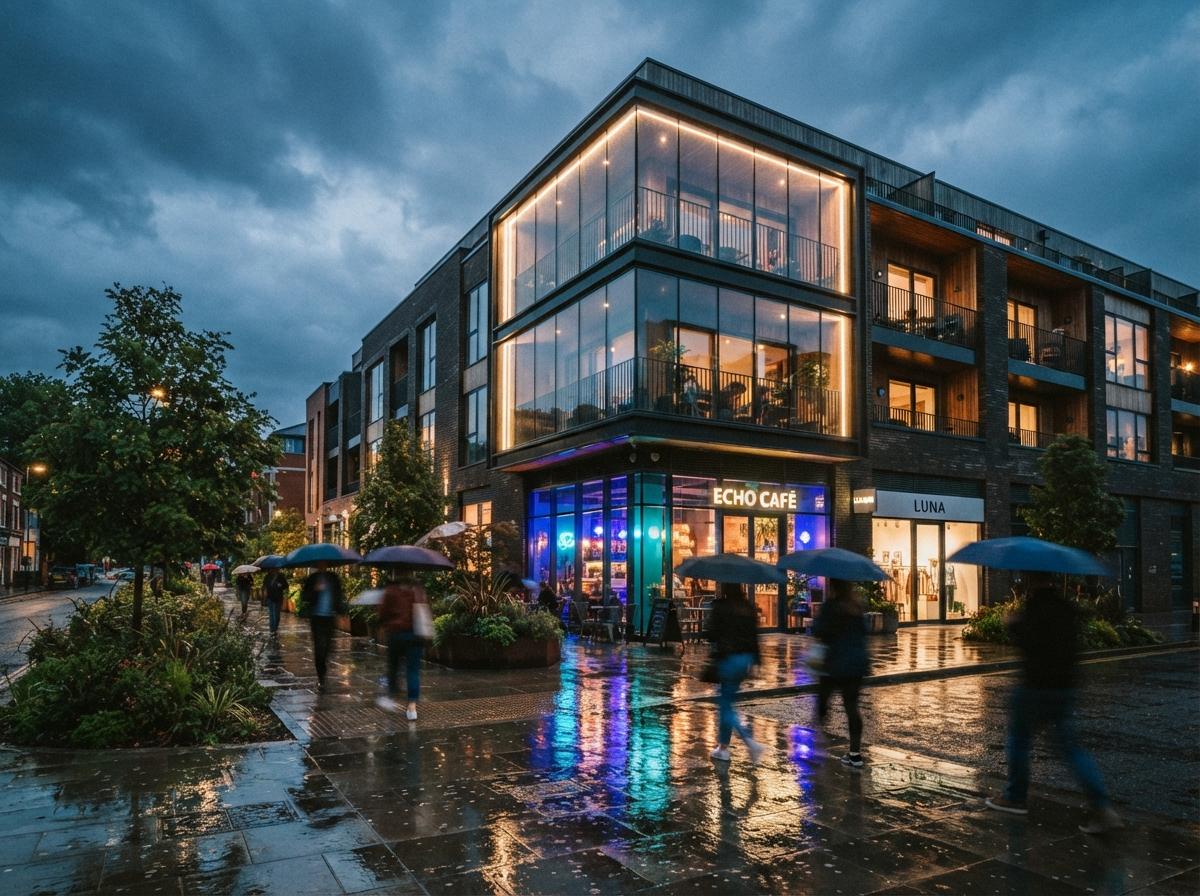 A rain-washed city street accents the glass corner of a modern three-storey building.