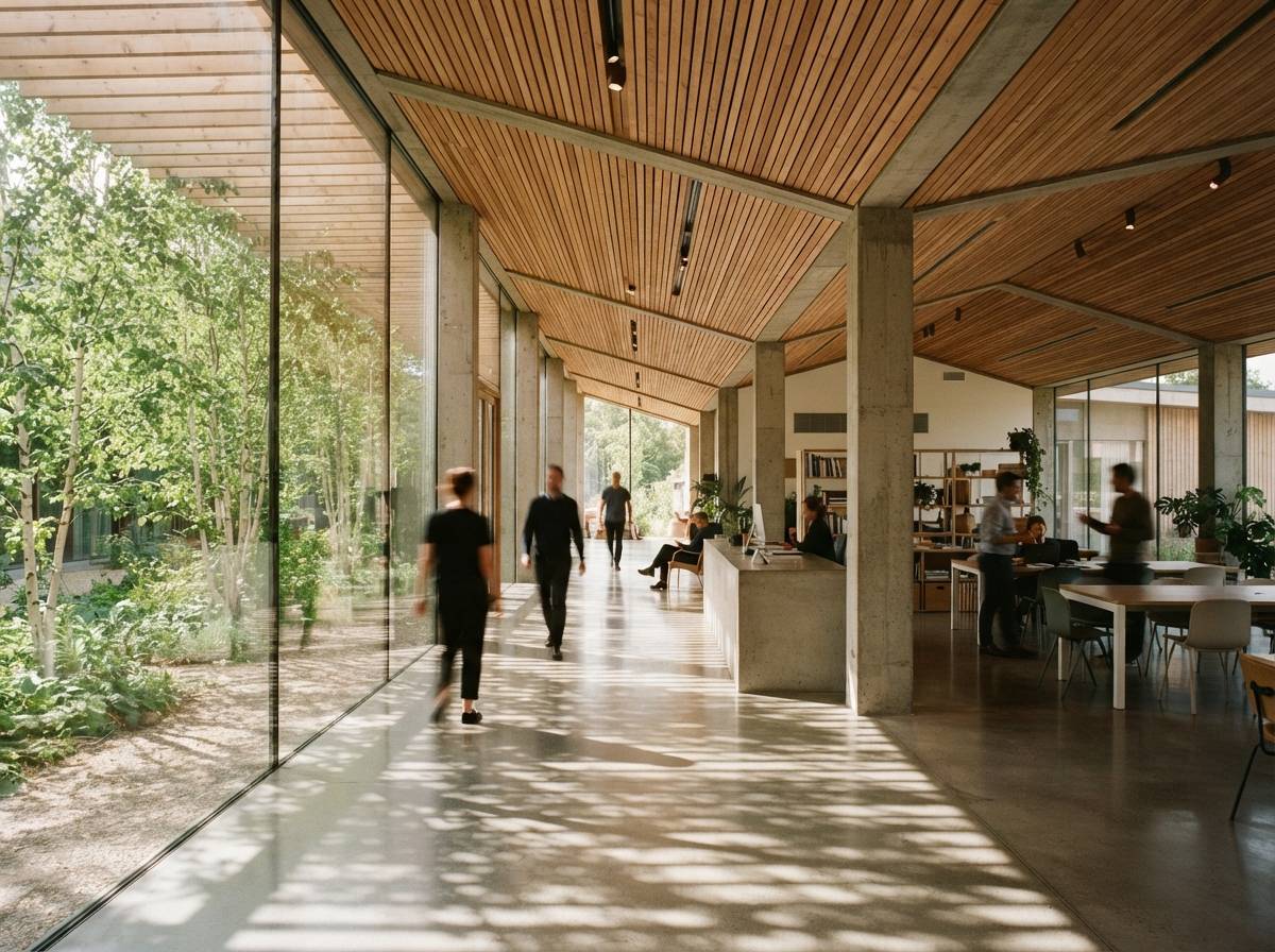 Sunlight pours through timber-framed floor-to-ceiling glass windows into a modern pavilion interior.