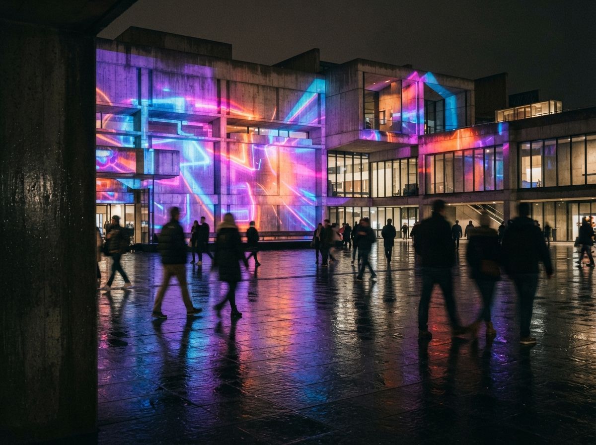 Pedestrians walk across a dark wet plaza in front of a projection-mapped concrete museum at night.