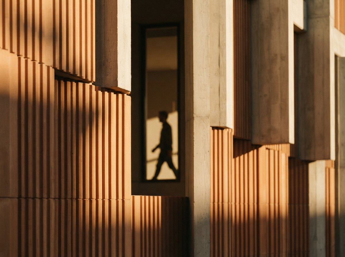 Close-up architectural detail of ribbed terracotta and concrete panels in low-angle sunlight.