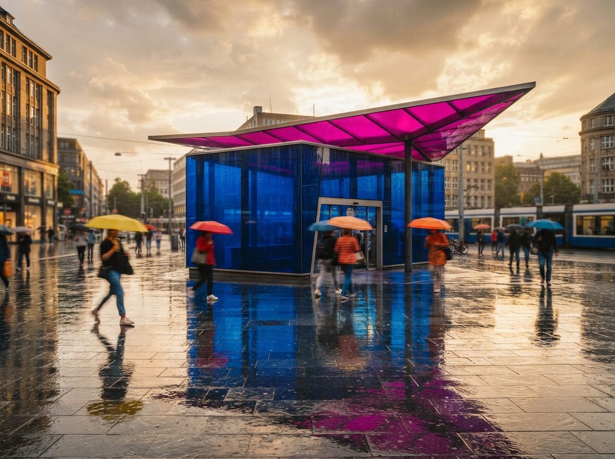 A colorful glass architectural pavilion standing in a wet city plaza with vivid rain reflections.