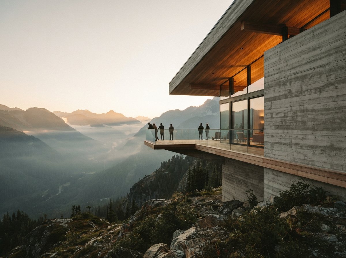 A modern concrete cantilever house perched over a misty forest valley at sunset.