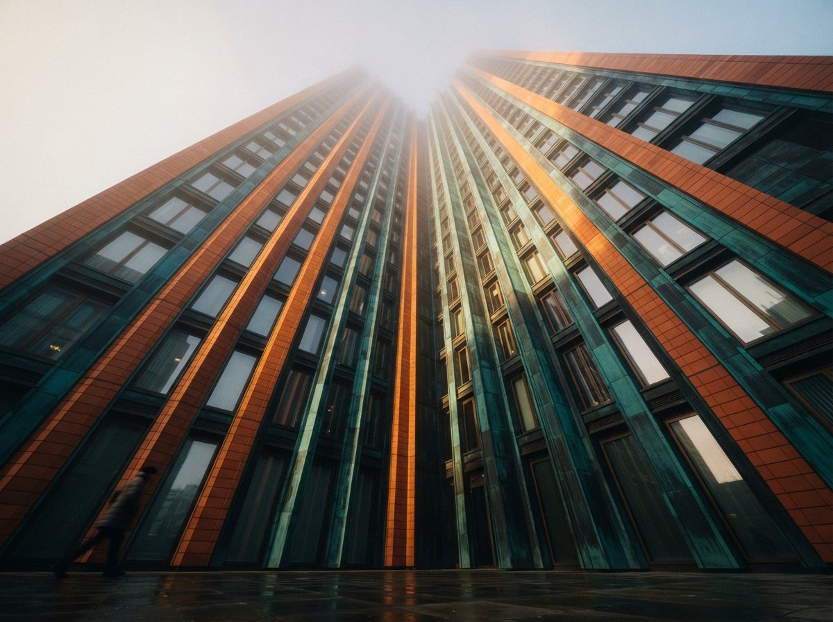 A low-angle macro view shows the rhythmic ribbed texture of a bright terracotta facade through morning fog.