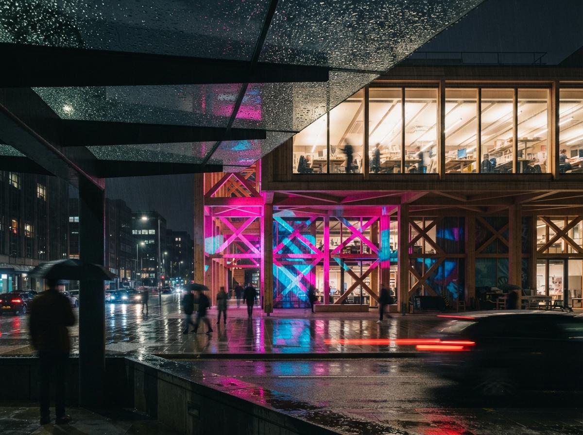 Neon light spill and light streaks reflect off an urban architectural studio's glass facade at night.