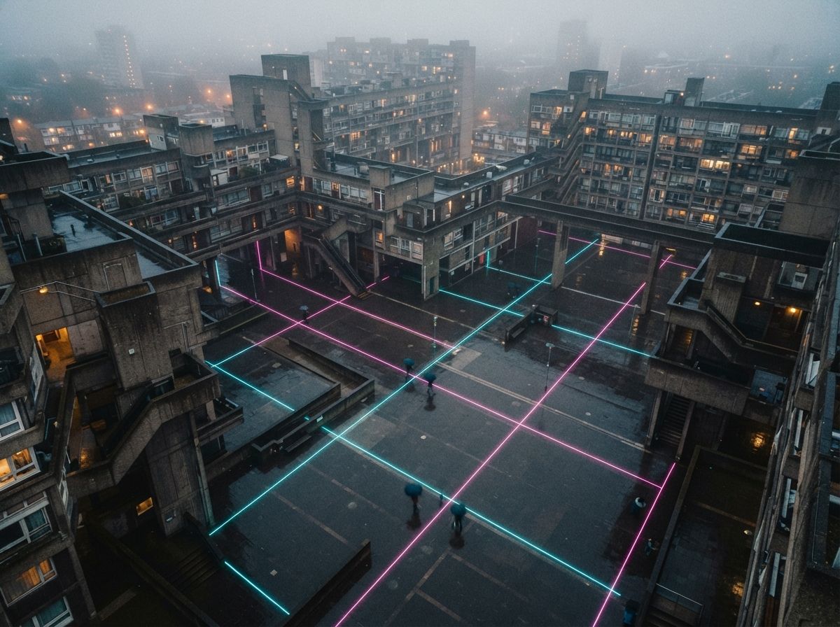 An overhead drone perspective of a courtyard in dense morning fog with neon light grid patterns on the ground.