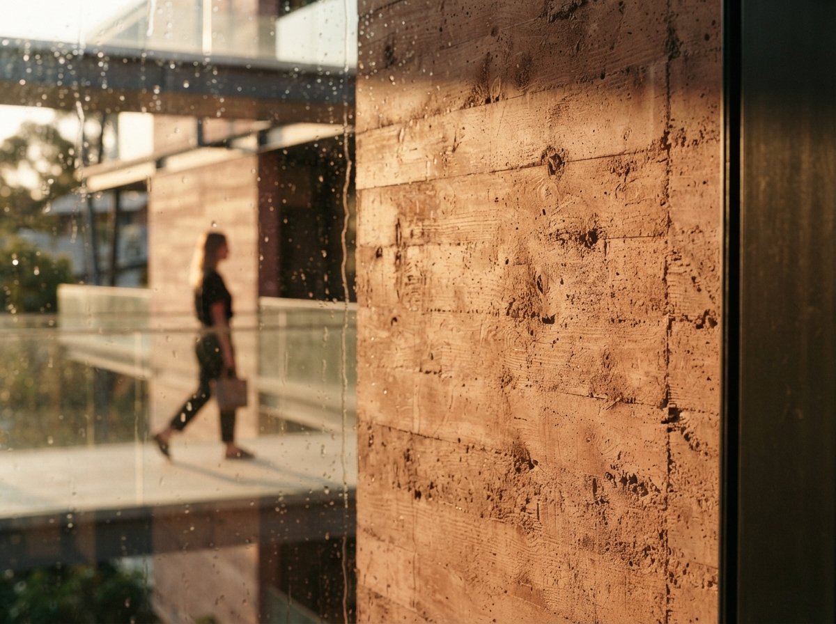A close-up photograph shot through rain-covered glass highlighting the rough texture of a concrete wall in warm sunlight.
