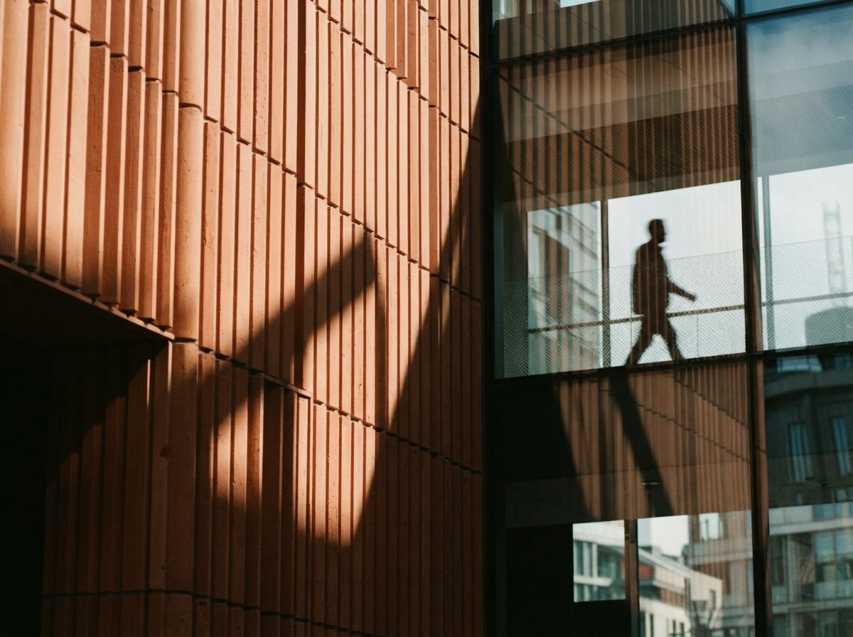 A close-up macro photograph of ribbed terracotta panels and glass facade catching high-noon sunlight and shadows.