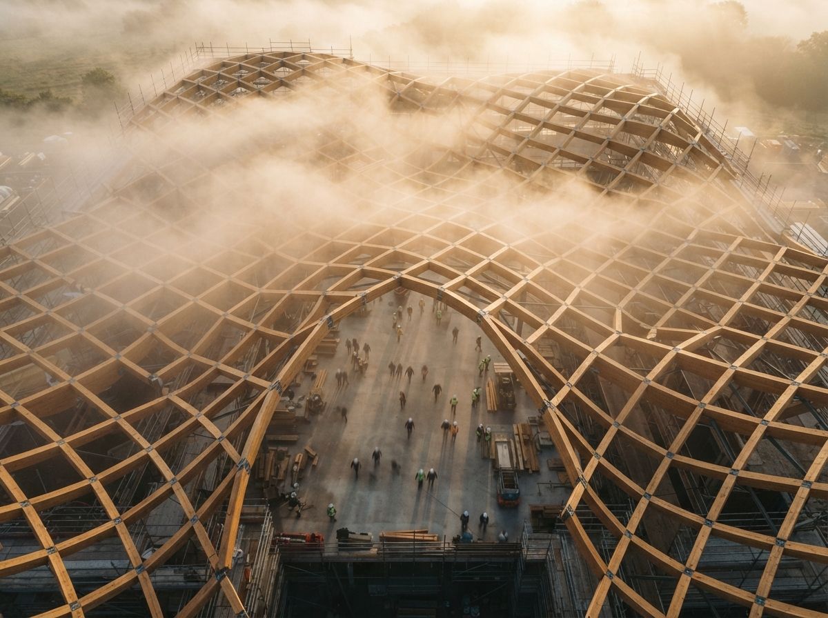 A top-down drone photograph of a timber building roof lattice surrounded by morning fog and sun rays.