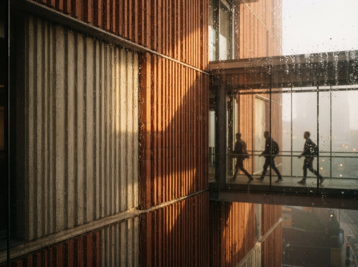 A close-up photograph captures morning sunlight casting sharp shadows across terracotta building louvers.