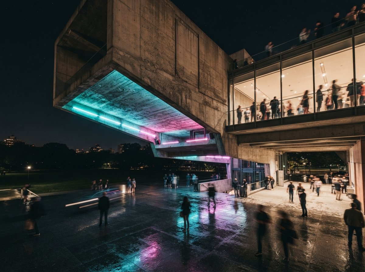 A low-angle night photograph shows a cantilevered concrete structure illuminated by vivid neon lights.