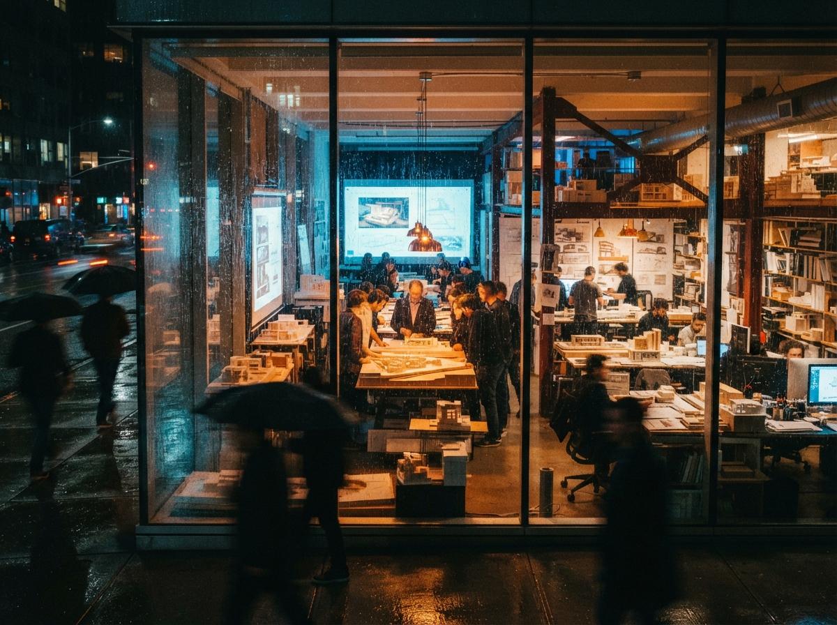 View through wet street-level glass into an illuminated architectural studio at night.