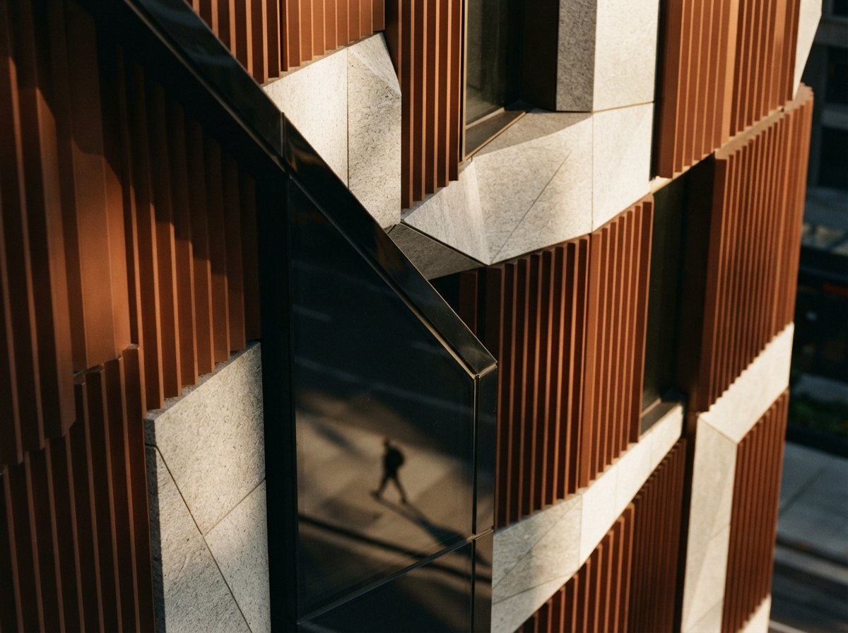 Macro detail shot of textured bronze facade panels reflecting a human silhouette in glass.