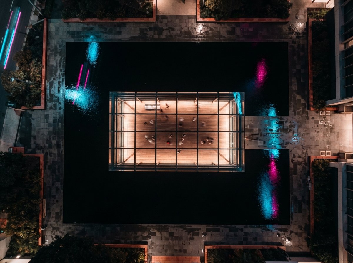 An overhead drone view of a glowing glass pavilion reflecting vibrant neon lights in a pool at night.